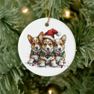 Merry Christmas Pembroke Welsh Corgi Puppies Ceramic Tree Decoration
