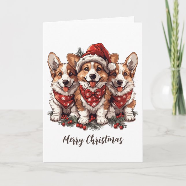 Merry Christmas Pembroke Welsh Corgi Puppies Holiday Card (Front)