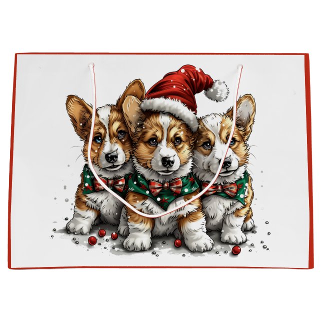 Merry Christmas Pembroke Welsh Corgi Puppies Large Gift Bag (Front)
