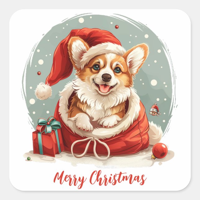Merry Christmas Pembroke Welsh Corgi Puppies Square Sticker (Front)