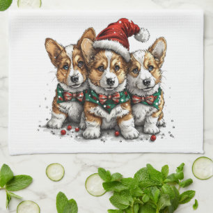 Merry Christmas Pembroke Welsh Corgi Puppies Tea Towel