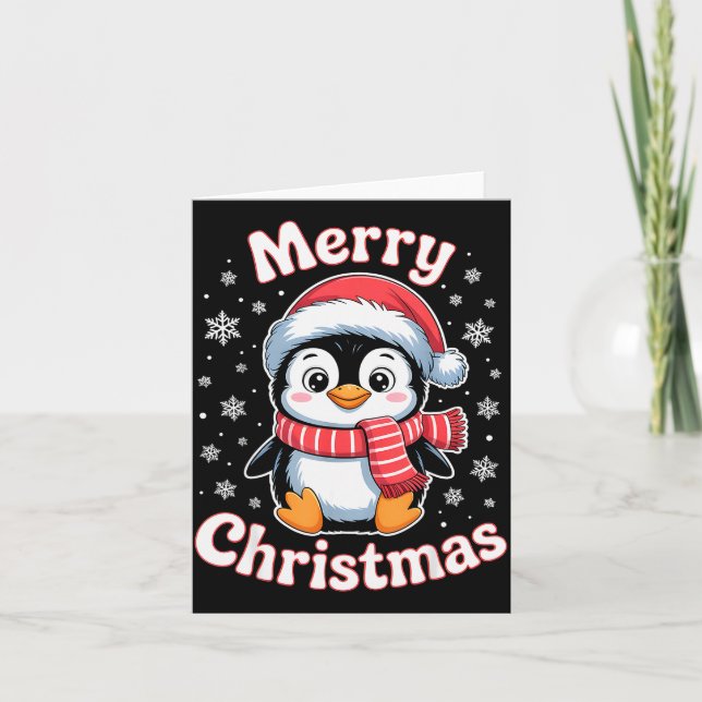 Merry Christmas Penguin Cute Santa Hat Snowflake H Card (Front)