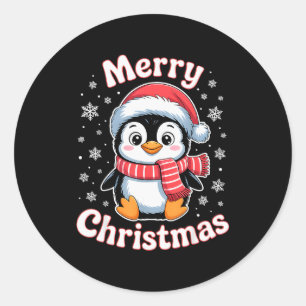 Merry Christmas Penguin Cute Santa Hat Snowflake H Classic Round Sticker