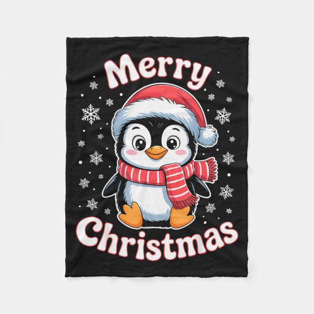Merry Christmas Penguin Cute Santa Hat Snowflake H Fleece Blanket (Front)