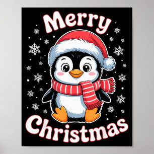 Merry Christmas Penguin Cute Santa Hat Snowflake H Poster