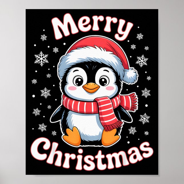 Merry Christmas Penguin Cute Santa Hat Snowflake H Poster (Front)