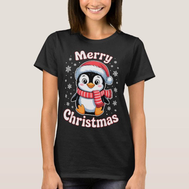 Merry Christmas Penguin Cute Santa Hat Snowflake H T-Shirt (Front)