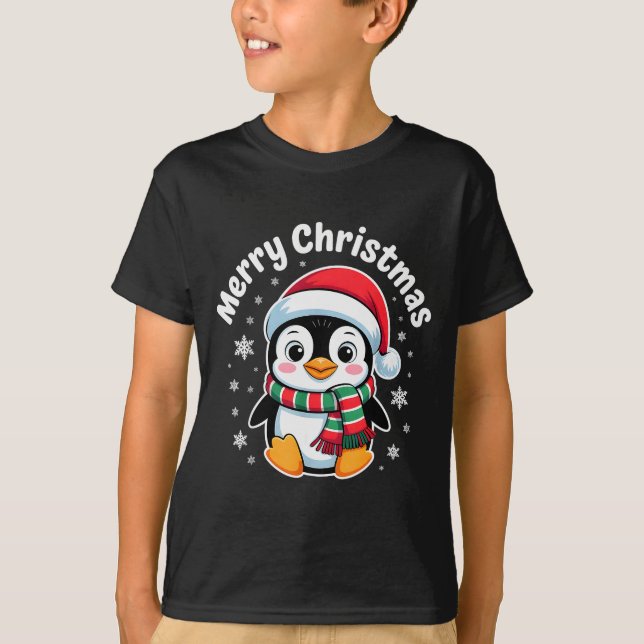 Merry Christmas Penguin Cute Santa Hat Winter Holi T-Shirt (Front)