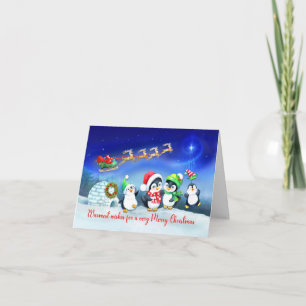 Merry Christmas Penguin Family with Santa's Sleigh Card