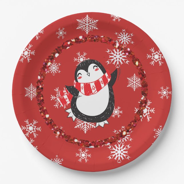 Merry Christmas Penguin Holiday Party Paper Plates (Front)