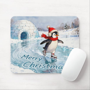 Merry Christmas Penguin Ice Skating Mouse Mat
