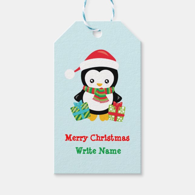 Merry Christmas Penguin Illustration Gift Tags (Front)