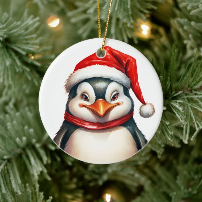 Merry Christmas Penguin in Santa Hat Scarf Cute Ceramic Tree Decoration (Tree)