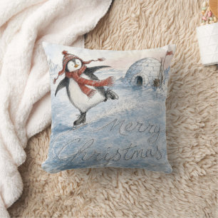Merry Christmas Penguin on Ice Skates Cushion