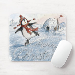 Merry Christmas Penguin on Ice Skates Mouse Mat