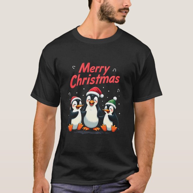 Merry Christmas Penguin Santa Hat Claus Animal Xma T-Shirt (Front)