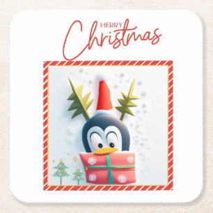 Merry Christmas Penguin Square Paper Coaster