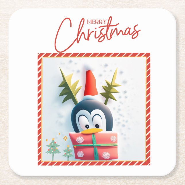 Merry Christmas Penguin  Square Paper Coaster (Front)