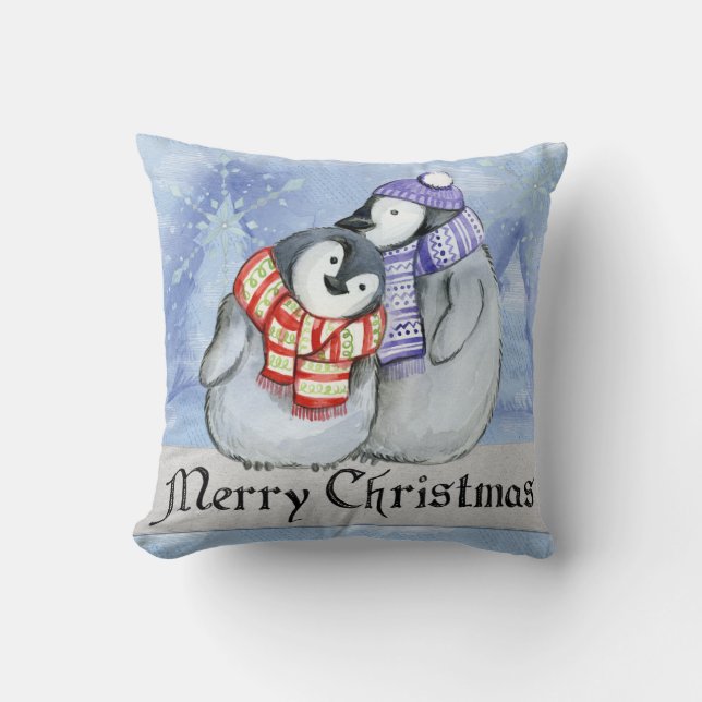 Merry Christmas Penguin Throw Pillow (Front)