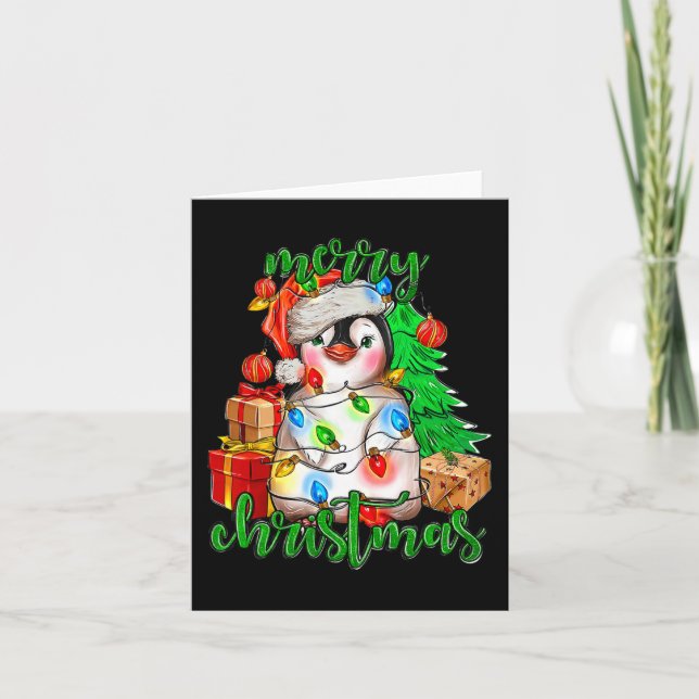 Merry Christmas Penguin Tree Lights Santa Hat Funn Card (Front)