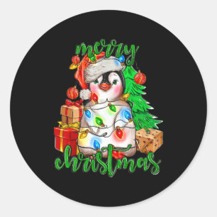 Merry Christmas Penguin Tree Lights Santa Hat Funn Classic Round Sticker