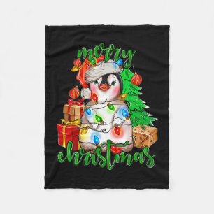 Merry Christmas Penguin Tree Lights Santa Hat Funn Fleece Blanket