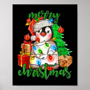 Merry Christmas Penguin Tree Lights Santa Hat Funn Poster