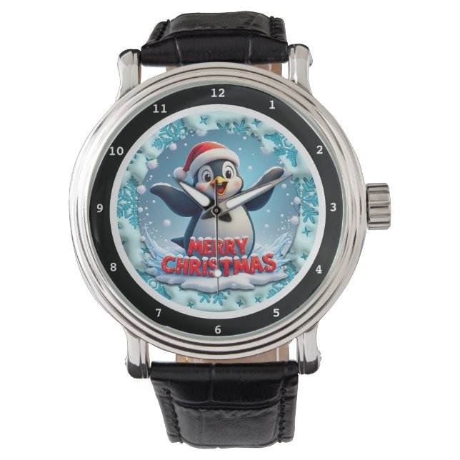 Merry Christmas Penguin with Santa Hat  Watch (Front)