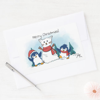 Merry Christmas Penguins building a Snow Cat Rectangular Sticker