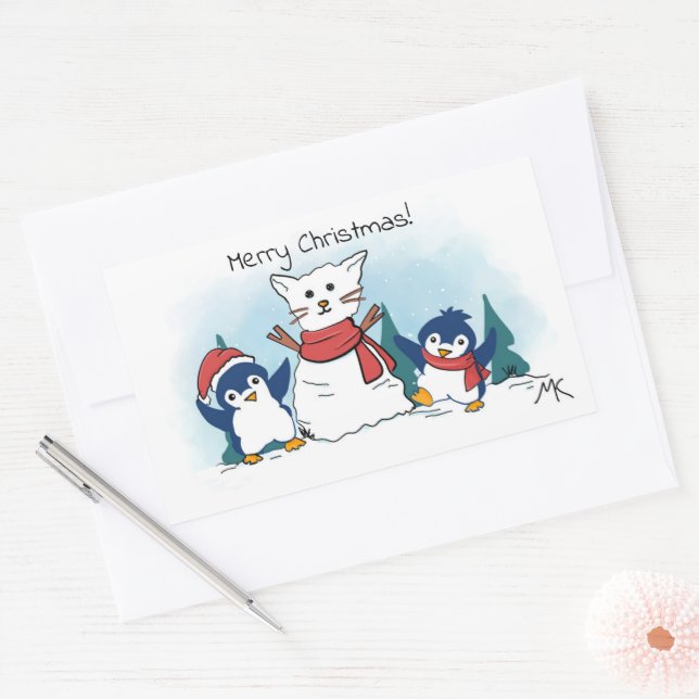 Merry Christmas Penguins building a Snow Cat Rectangular Sticker (Envelope)
