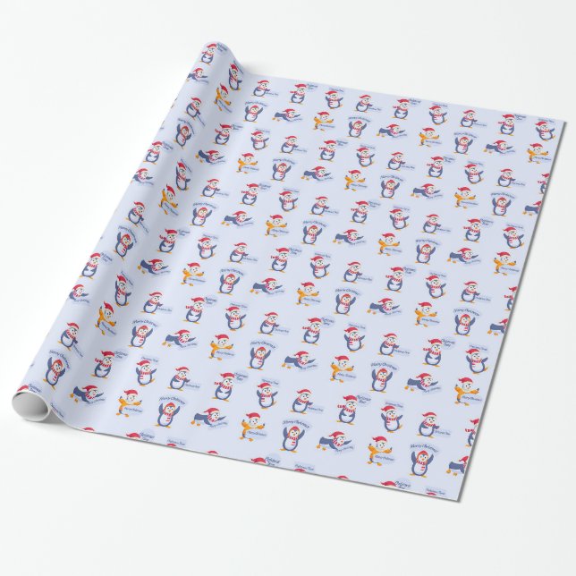 Merry Christmas Penguins Wrapping Paper (Unrolled)