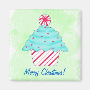 Merry Christmas Peppermint Cupcake Art Green Magnet