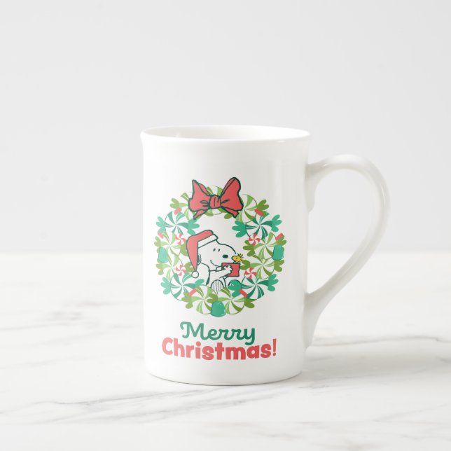 Merry Christmas Peppermint Holiday Wreath Bone China Mug (Right)