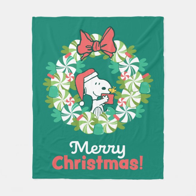 Merry Christmas Peppermint Holiday Wreath Fleece Blanket (Front)