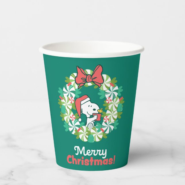 Merry Christmas Peppermint Holiday Wreath Paper Cups (Front)