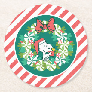Merry Christmas Peppermint Holiday Wreath Round Paper Coaster