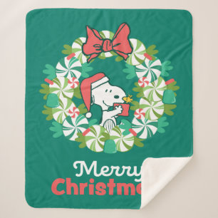 Merry Christmas Peppermint Holiday Wreath Sherpa Blanket