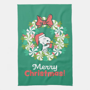 Merry Christmas Peppermint Holiday Wreath Tea Towel