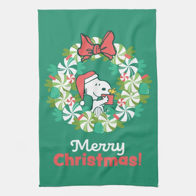 Merry Christmas Peppermint Holiday Wreath Tea Towel (Vertical)