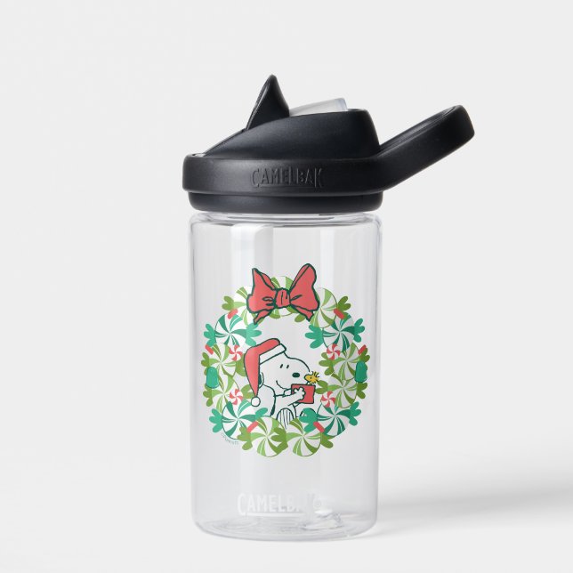 Merry Christmas Peppermint Holiday Wreath Water Bottle (Left)