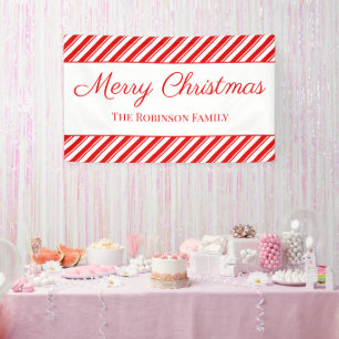 Merry Christmas Peppermint Red Stripe Custom Name Banner