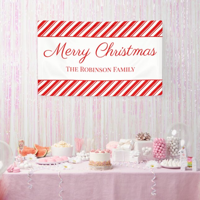 Merry Christmas Peppermint Red Stripe Custom Name Banner (Party)