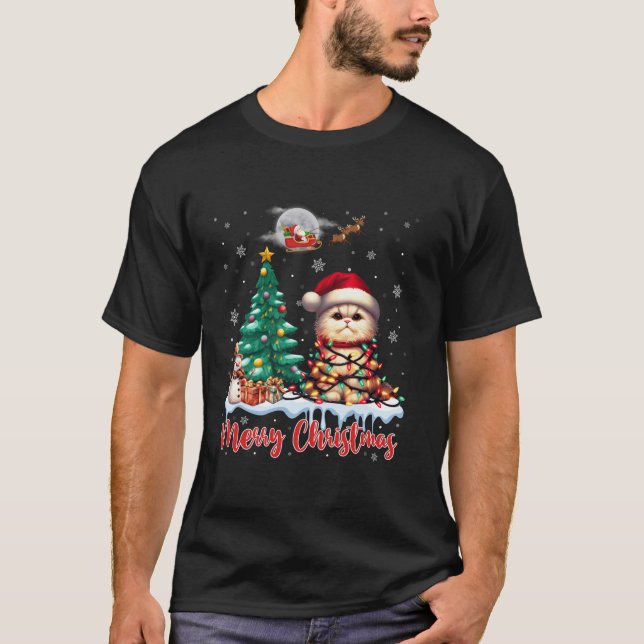 Merry Christmas Persian Santa Lights Cat Lover Xma T-Shirt (Front)