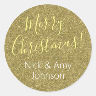 "Merry Christmas" Personalise Names/Gold Glitter Classic Round Sticker