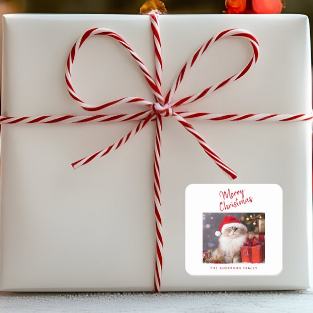 Merry Christmas Personalised Cat Photo Holiday Square Sticker (Creator Uploaded)