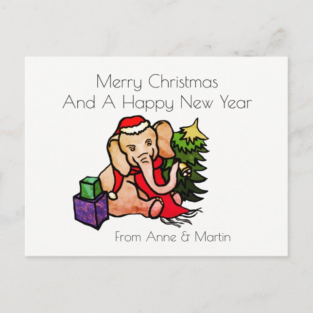 Merry Christmas Personalised Cute Cartoon Elephant Holiday Postcard (Front)
