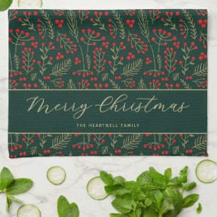 Merry Christmas Personalised Dark Botanical Tea Towel