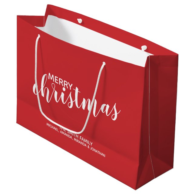 'Merry Christmas' Personalised Family Name Red Large Gift Bag (Front Angled)