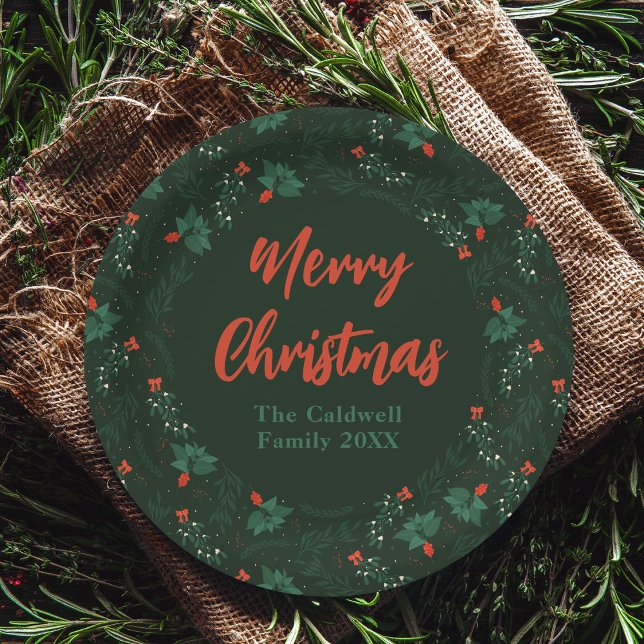 Merry Christmas Personalised Green Mistletoe Party Paper Plate (Creator Uploaded)
