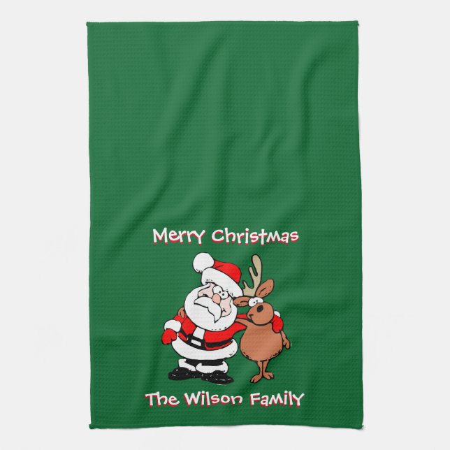 Merry Christmas Personalised Green Tea Tea Towel (Vertical)